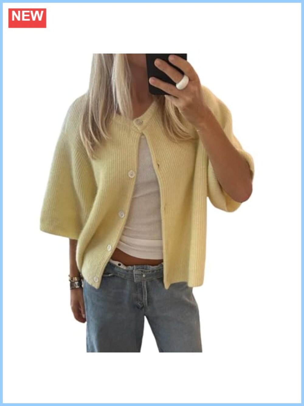 Crop Cardigan Button Up Rib Knit Short Sleeve Loose Fit Sweater Top